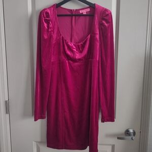 Vibrant Red Velvet Long Sleeve Dress